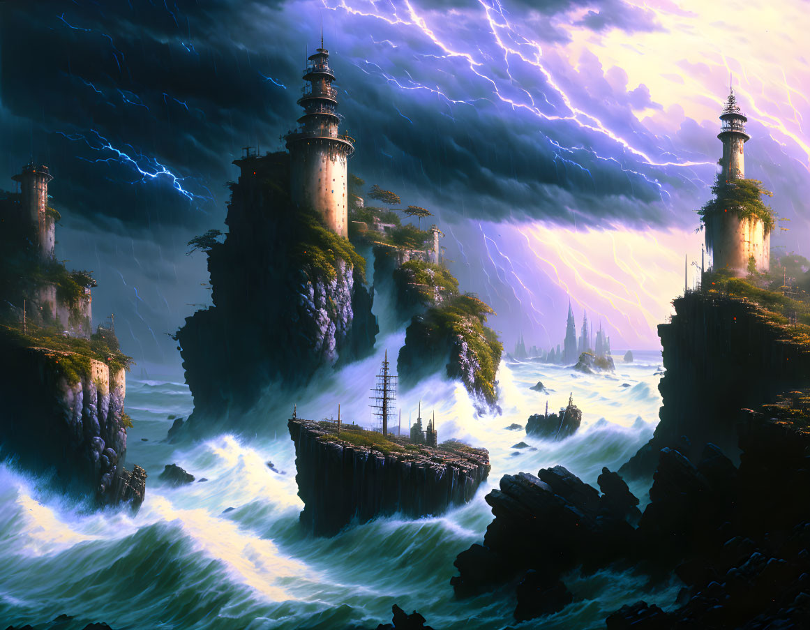 Towering lighthouses on rugged cliffs in stormy seascape