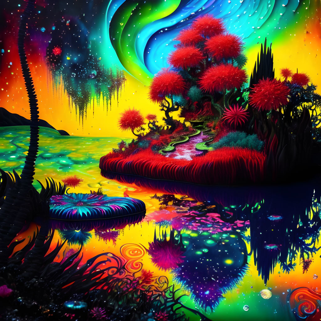 Vibrant Fantasy Landscape with Reflective River & Neon Foliage