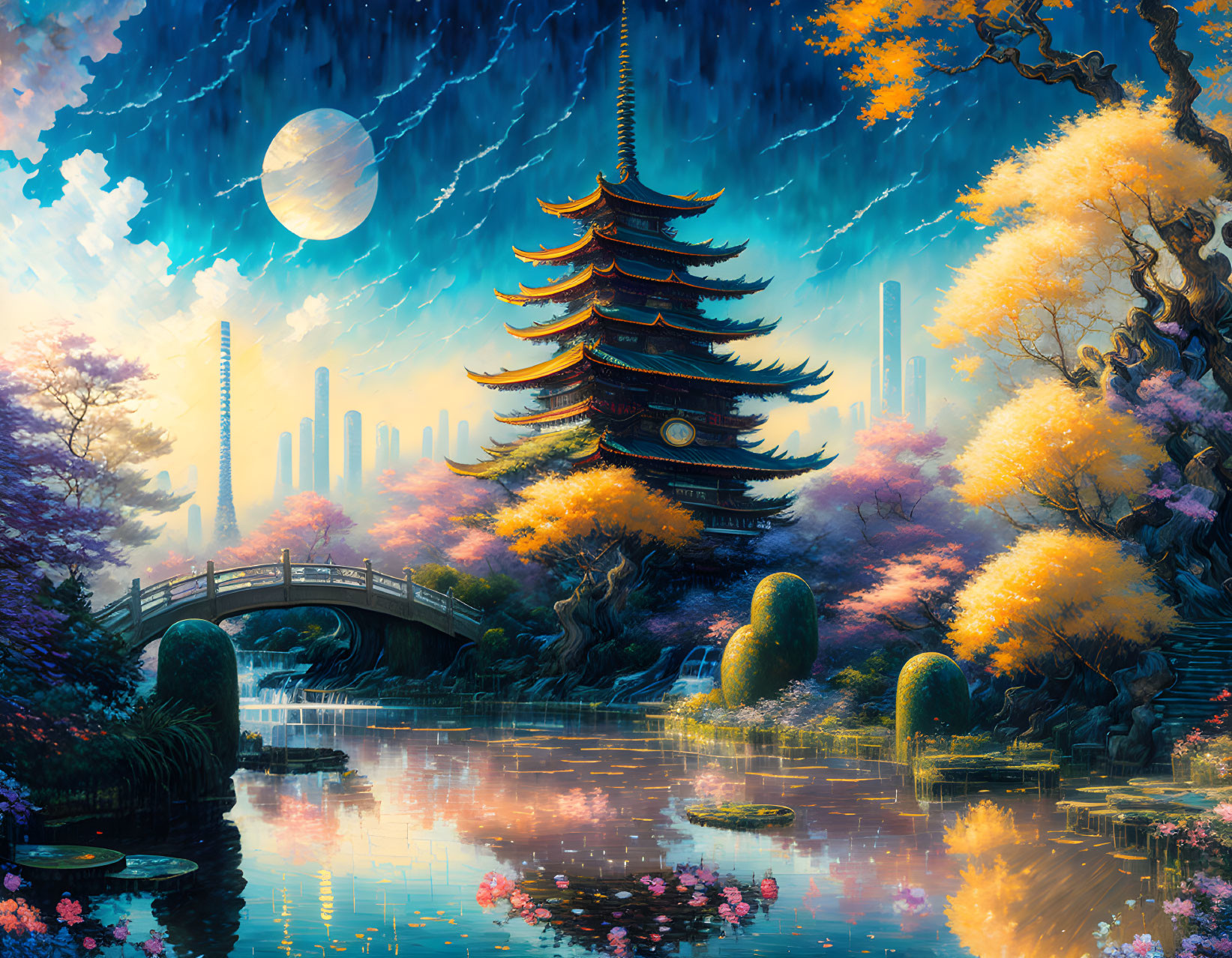 Traditional pagoda artwork with bridge, garden, moon, and cityscape.