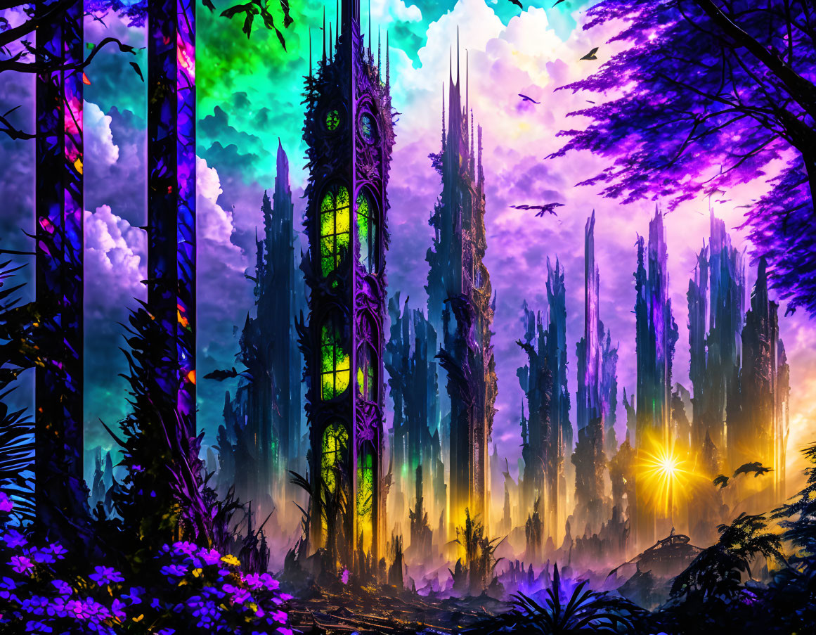 Colorful fantasy landscape featuring intricate Gothic tower in mystical forest