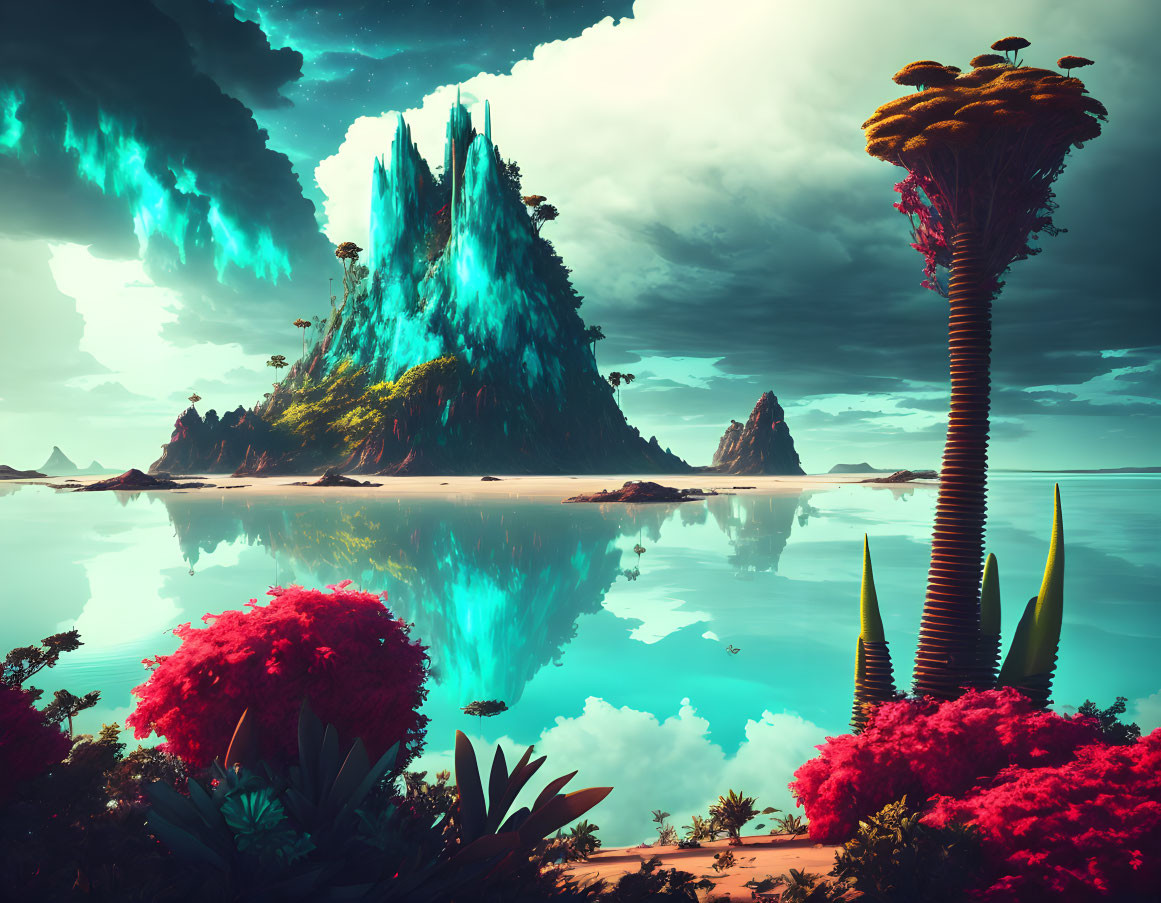 Surreal landscape with towering mountain and exotic vegetation