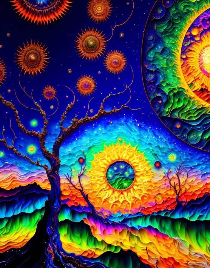 Psychedelic tree with glowing eye in cosmic landscape