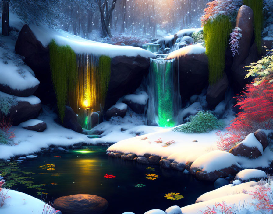 Winter waterfall cascading into pond under snowy twilight ambiance