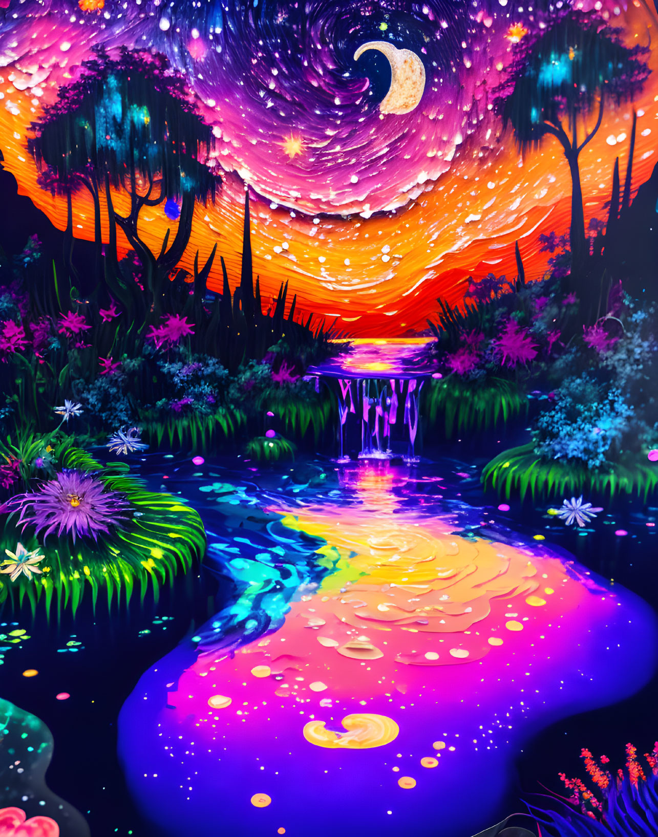 Fantastical landscape with luminous river, swirling galaxy sky, vibrant flora, crescent moon.