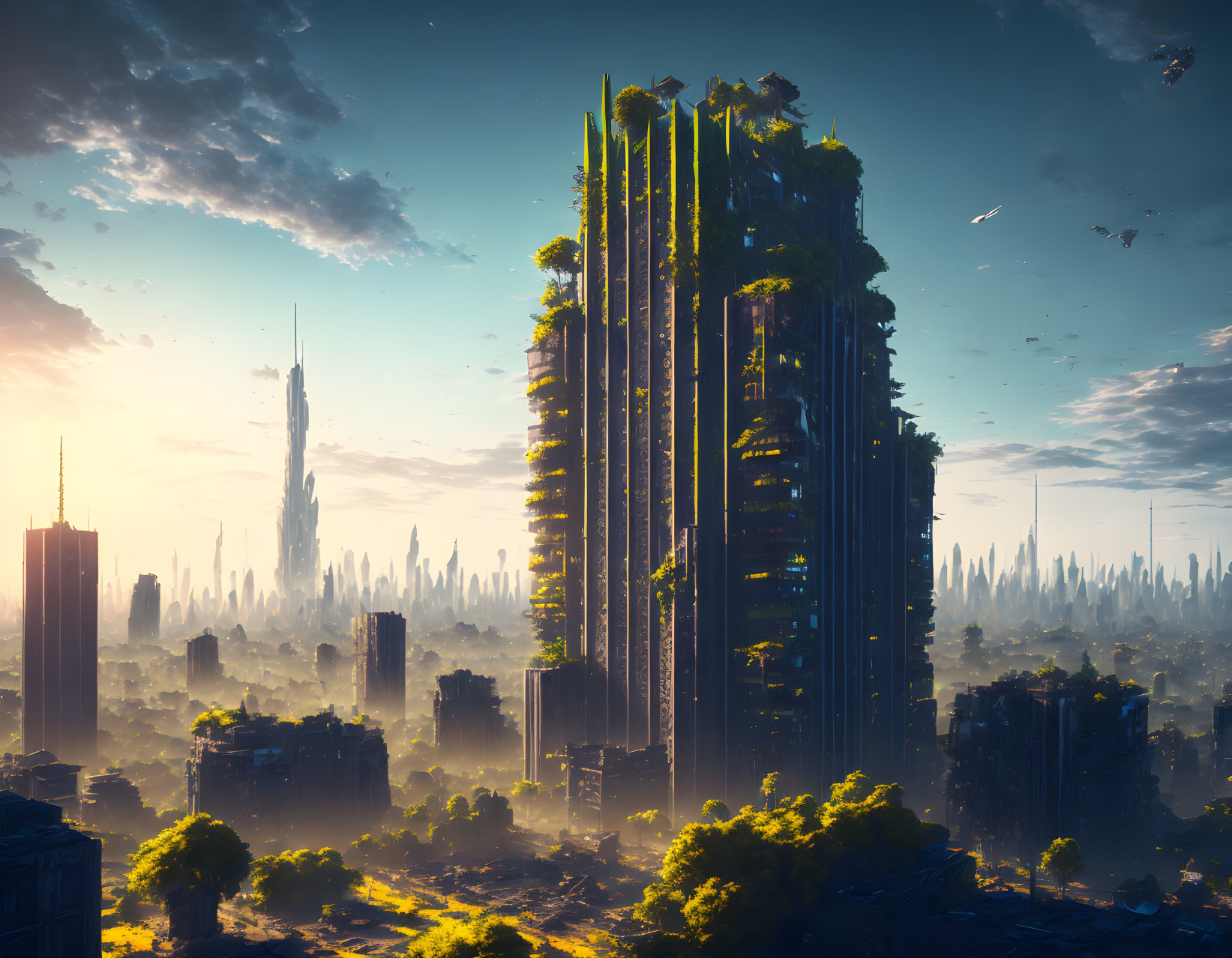 Futuristic sunrise cityscape with skyscrapers, greenery, and flying vehicles