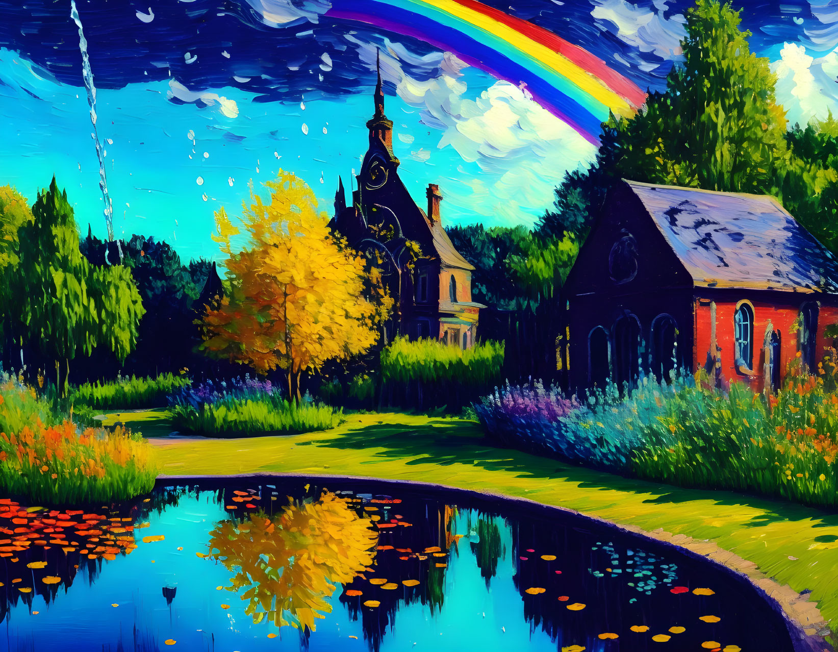 Impressionistic painting: Quaint church, pond, trees, rainbow