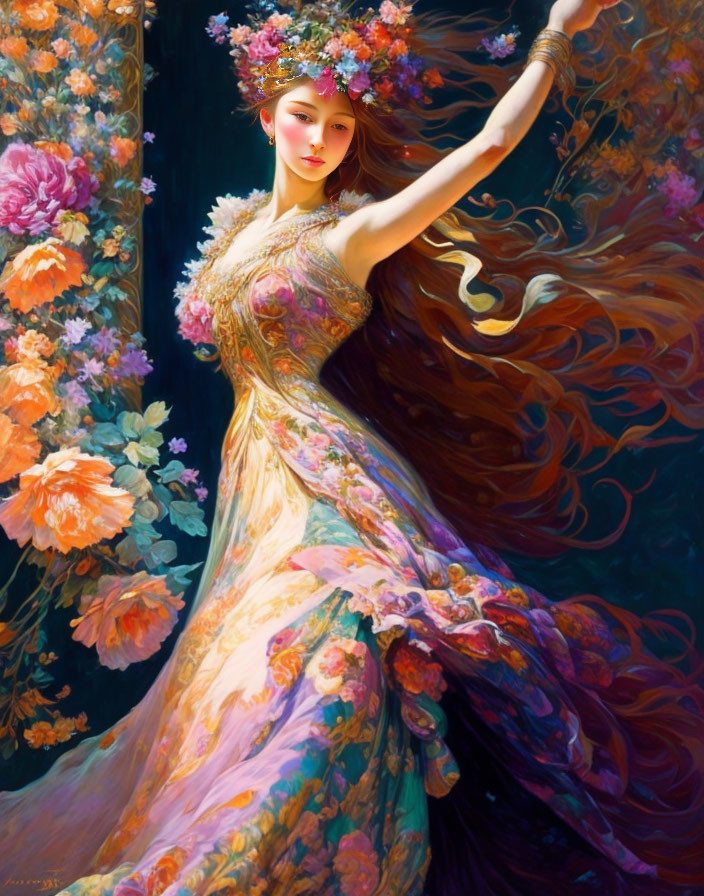 Woman in floral gown dances elegantly among vibrant flowers