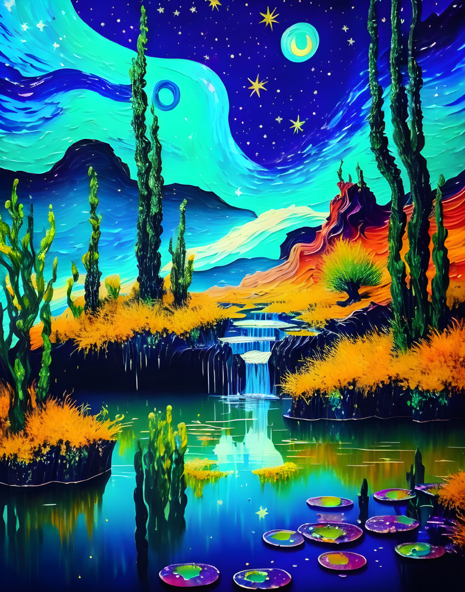 Colorful Night Landscape Painting with Starry Sky, Crescent Moon, Desert, Waterfall, and Pond