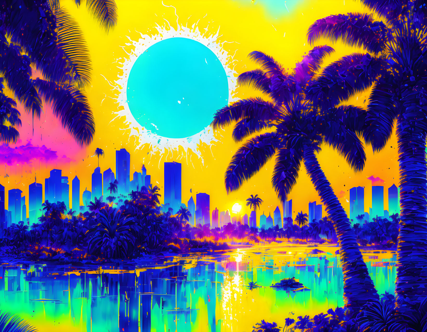 Colorful tropical cityscape with neon lights and palm trees against a futuristic sky