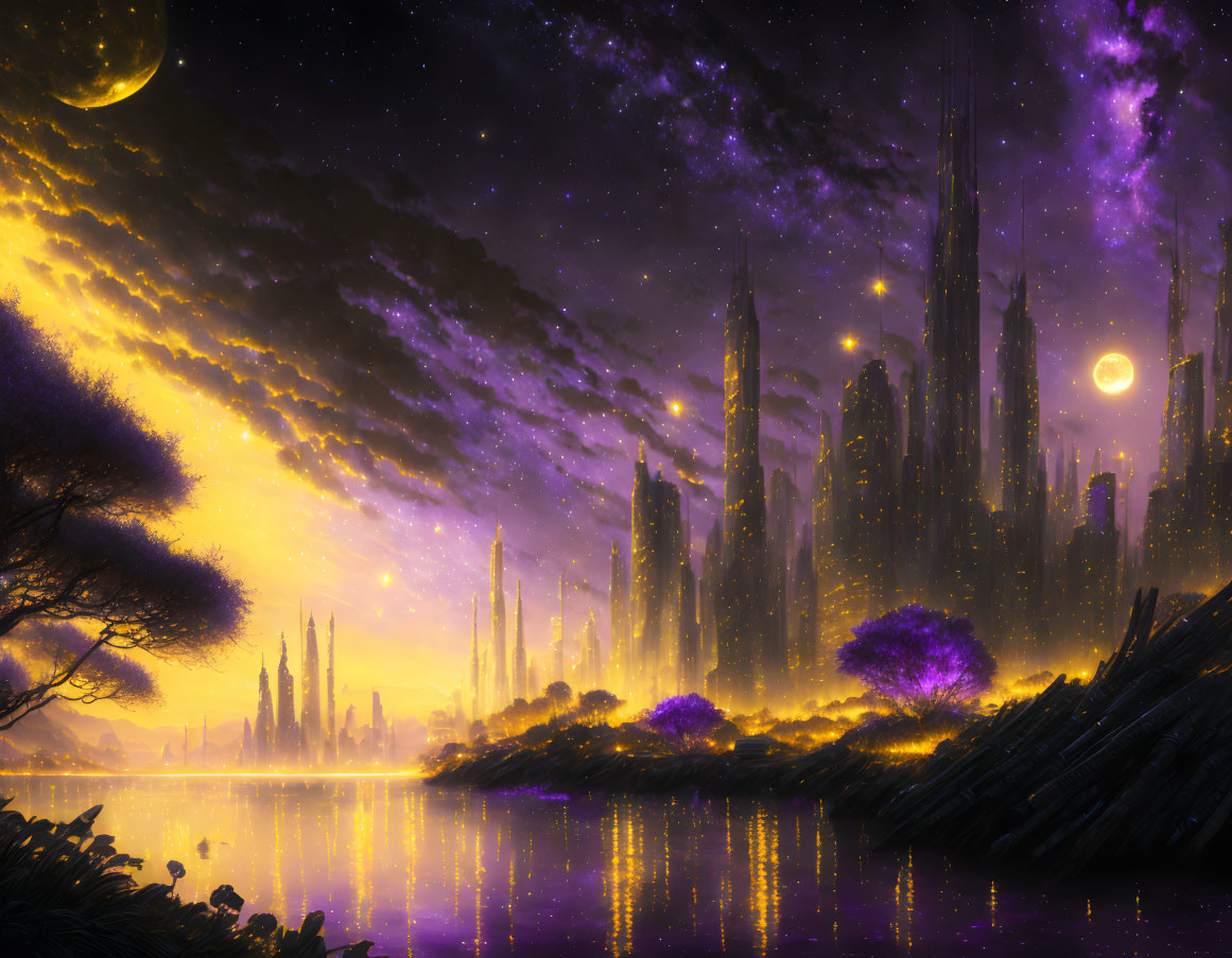 Fantasy landscape with glowing purple skies, towering spires, tranquil lake, and two moons