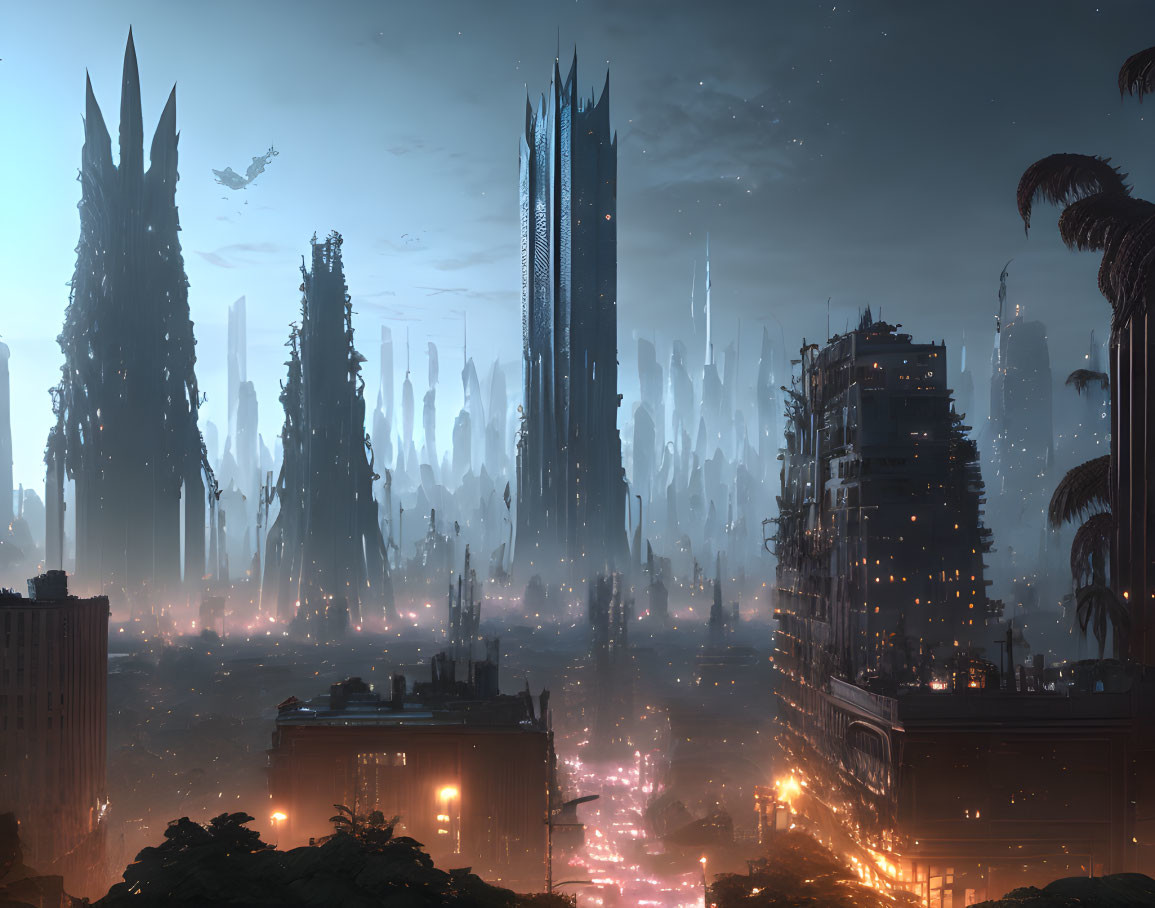 Futuristic cityscape with illuminated skyscrapers at dusk