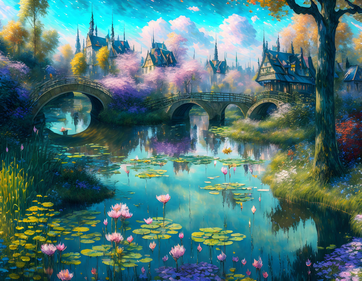 Fantastical Landscape with Stone Bridge, River, Trees, Flowers, and Castle