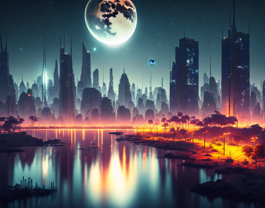 Futuristic cityscape at night with neon lights, shattered moon, and river