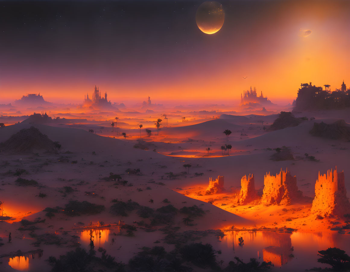 Surreal desert landscape at dusk with futuristic cities and moon