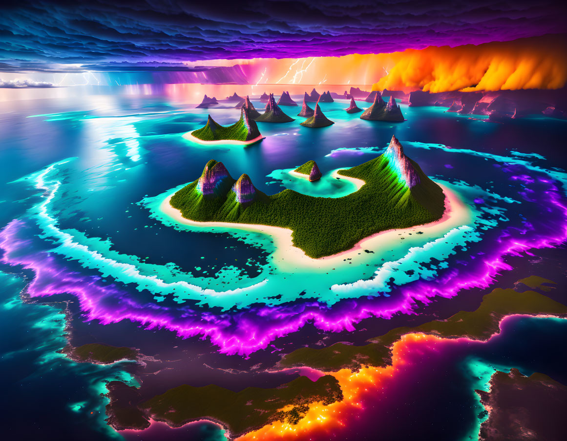 Surreal landscape with lush green islands and neon waters