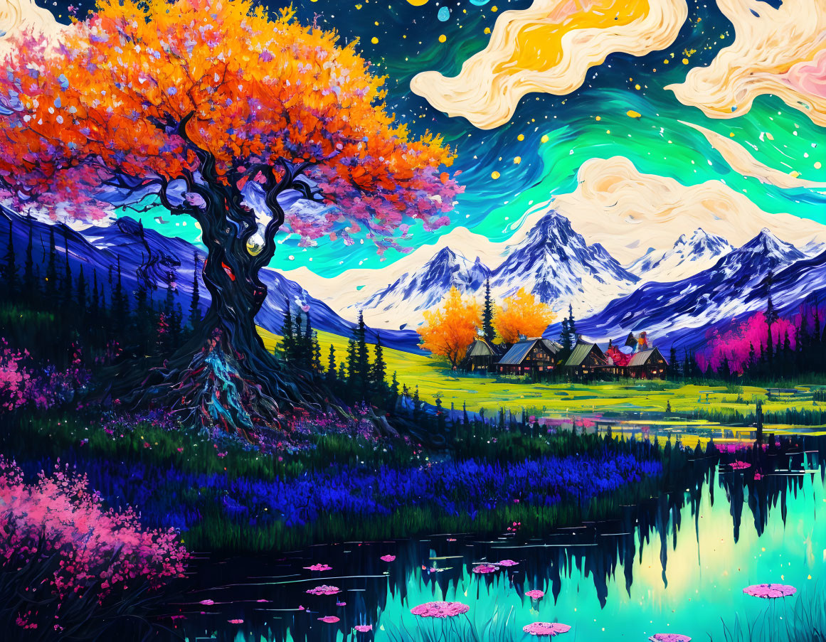 Colorful Landscape with Orange Tree, Cabin, Mountains, Starry Sky, and Lake Reflections