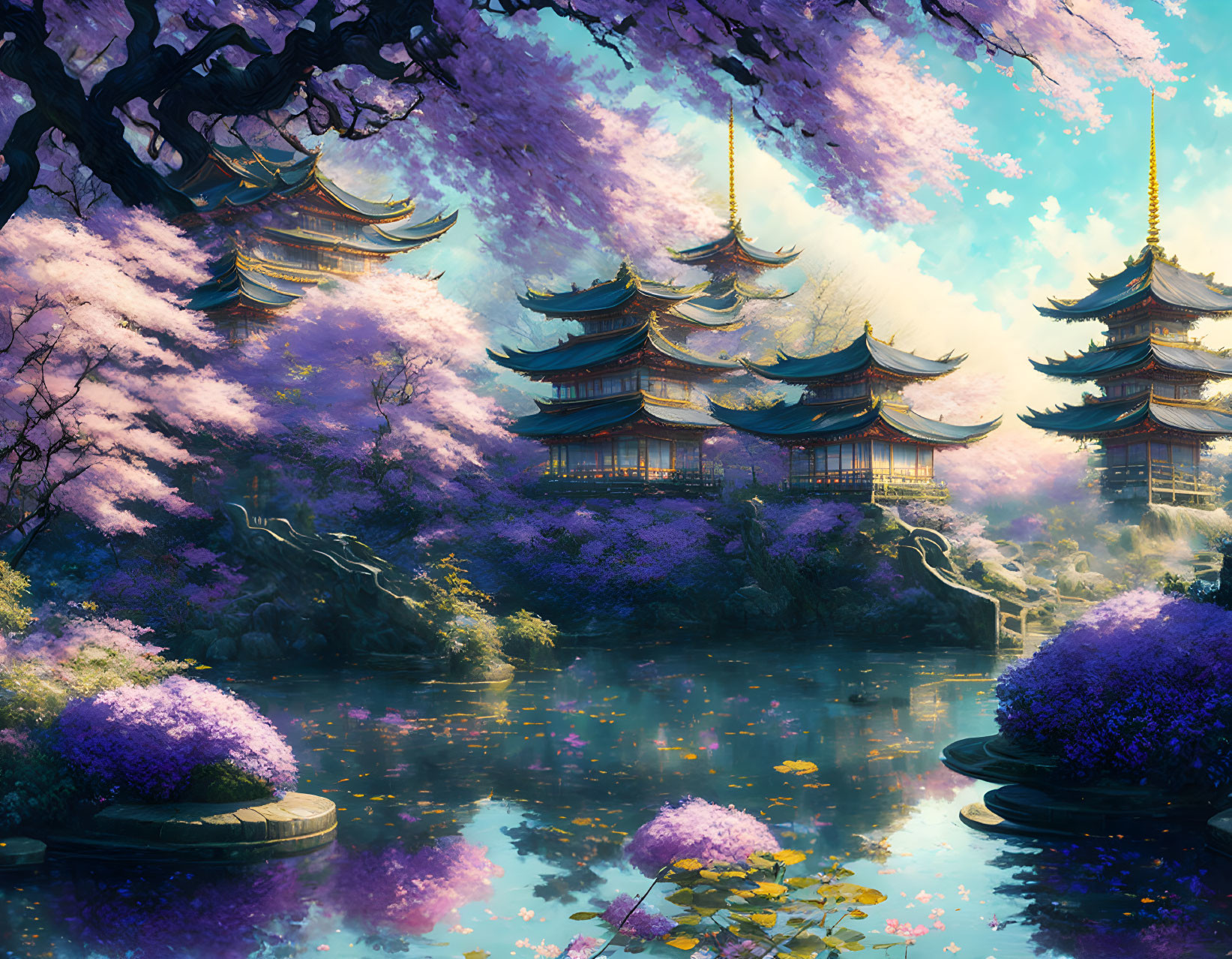 Cherry Blossoms and Pagodas by a Sunlit Pond