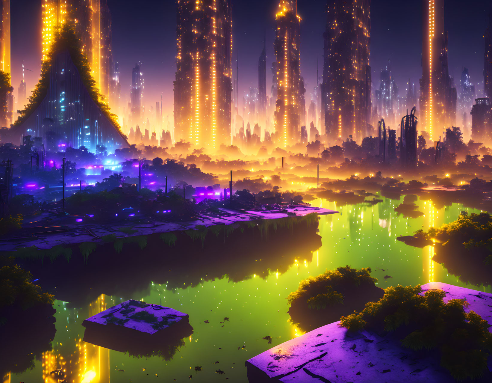 Futuristic night cityscape with neon-lit skyscrapers & green river