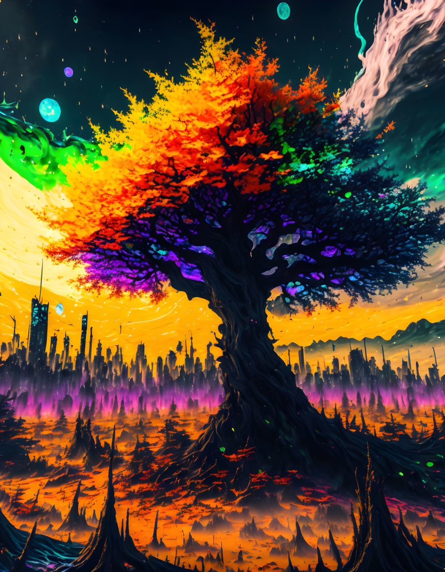 Colorful tree against surreal cityscape under starry sky with celestial bodies and nebulous clouds.