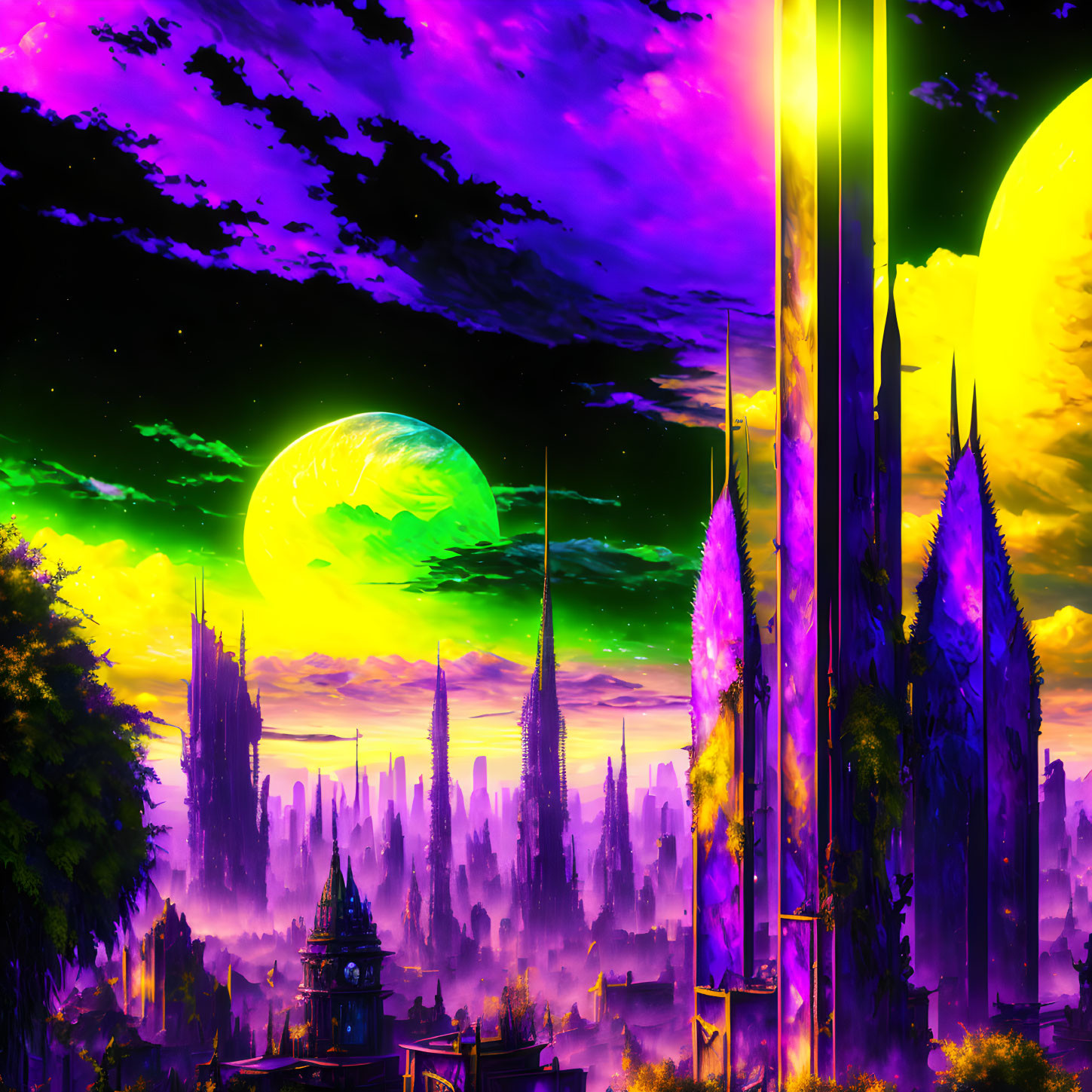 Futuristic sci-fi cityscape under neon sky with two moons