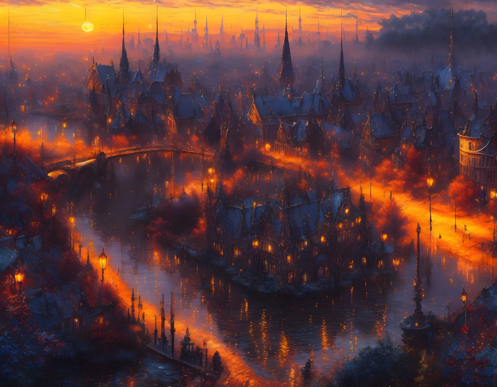 Fantastical sunset cityscape with medieval architecture and glowing lights