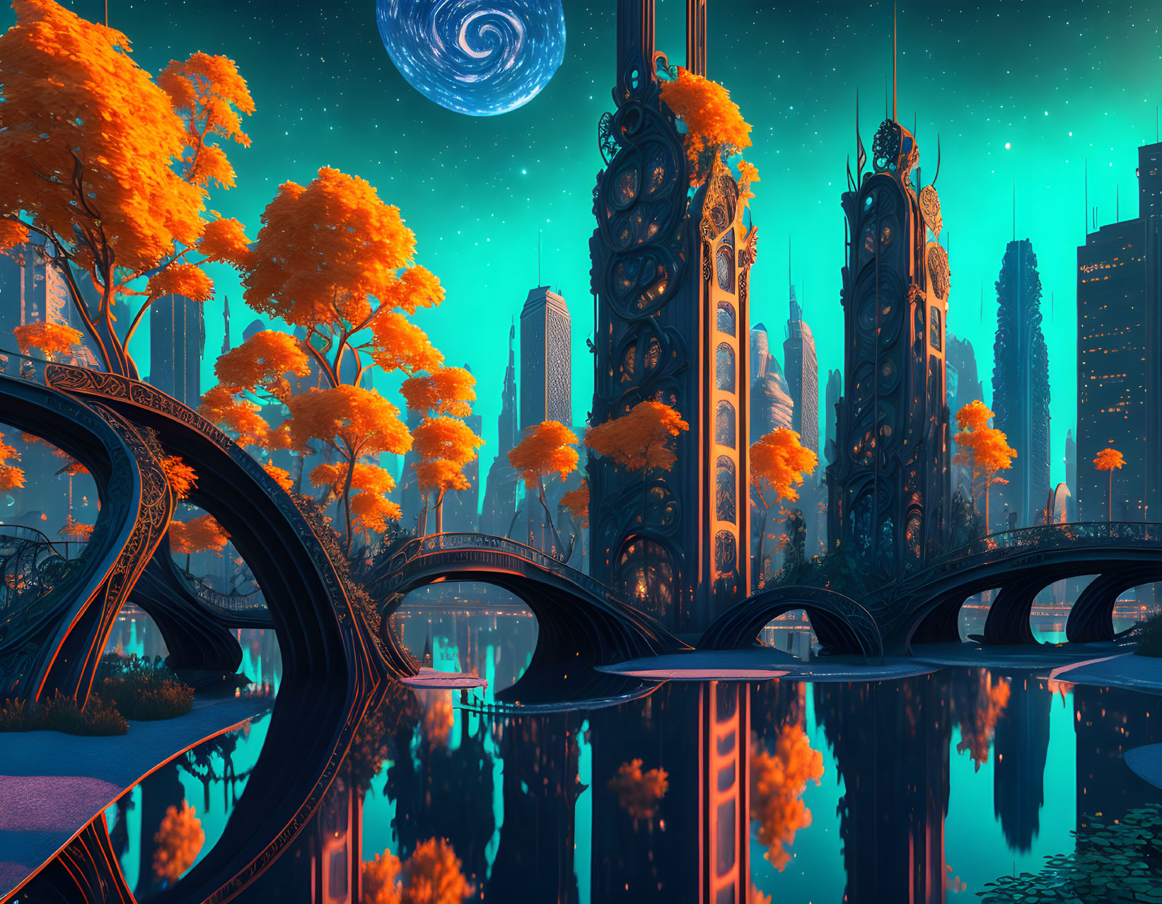 Futuristic cityscape with neon lights, skyscrapers, and dual moons reflected in water