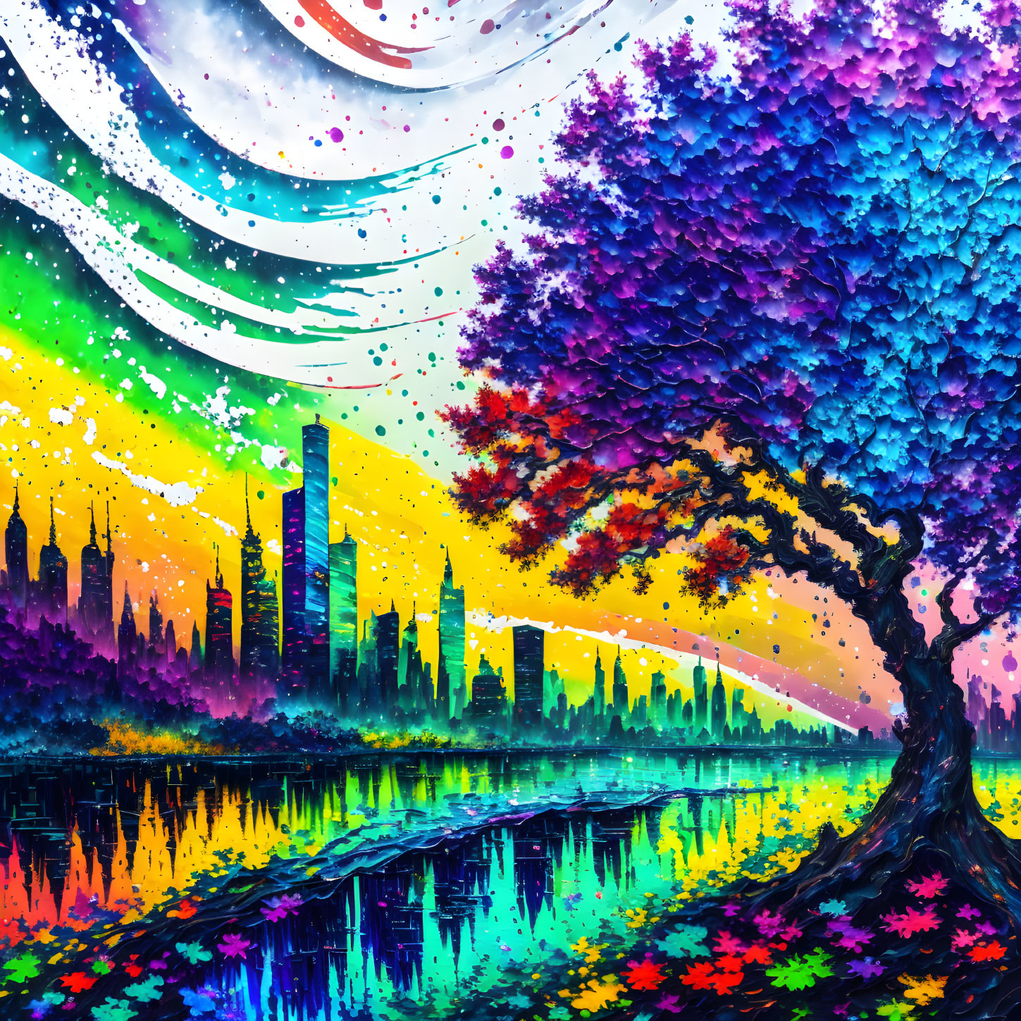 Colorful Stylized Tree in Vibrant City Landscape