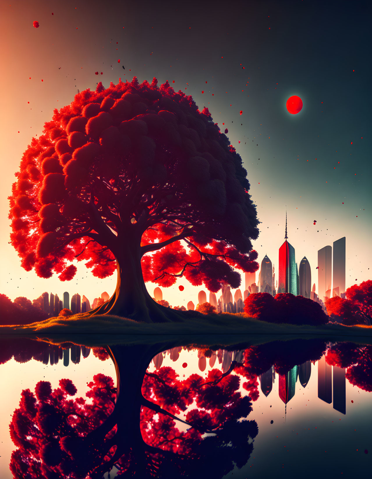 Vivid Red Sunset Sky with Silhouetted Tree and Cityscape Reflection