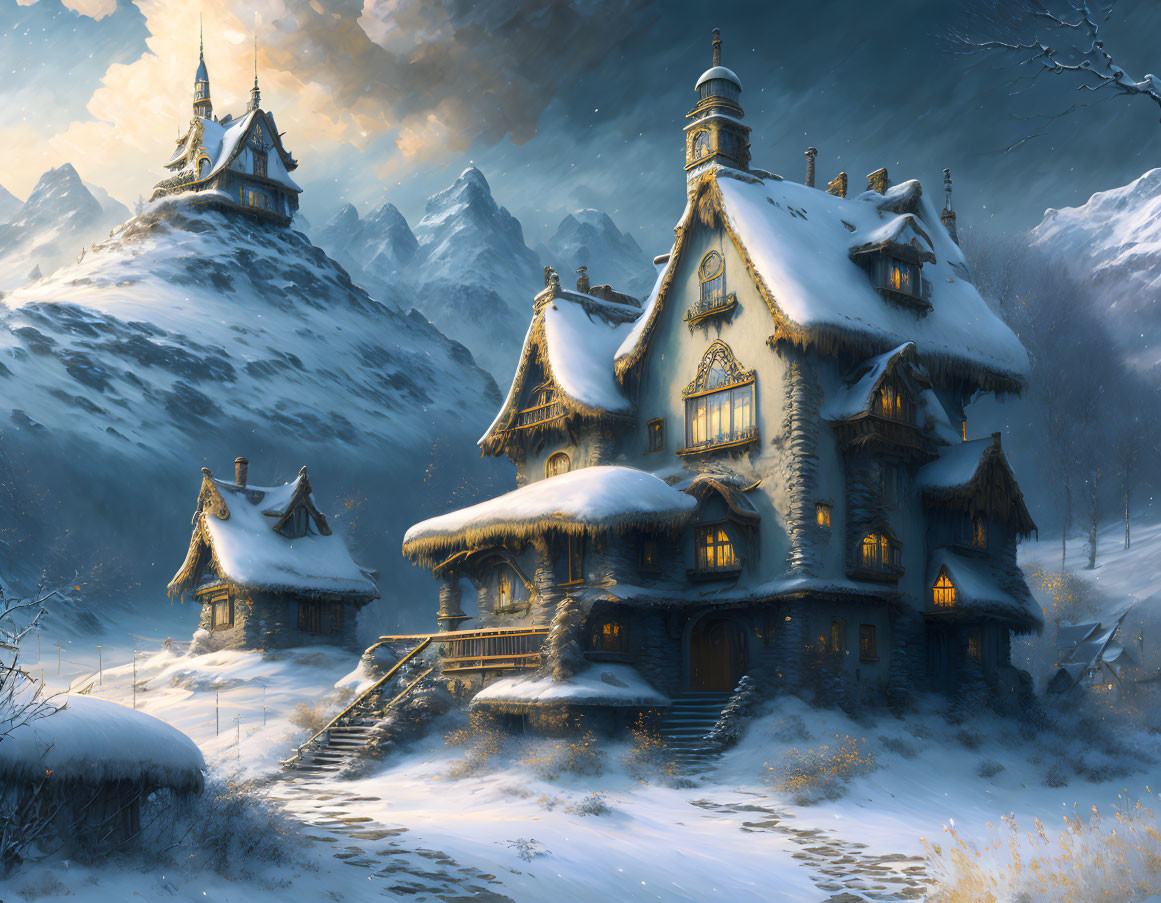 Snow-covered fantasy manor in snowy mountains at twilight