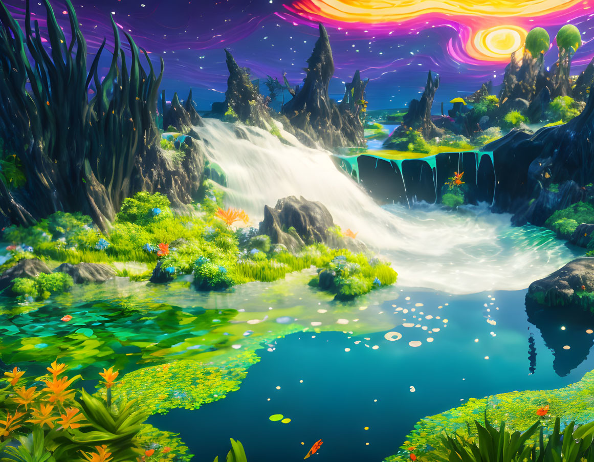 Vibrant fantasy landscape: waterfall, lush flora, colorful night sky