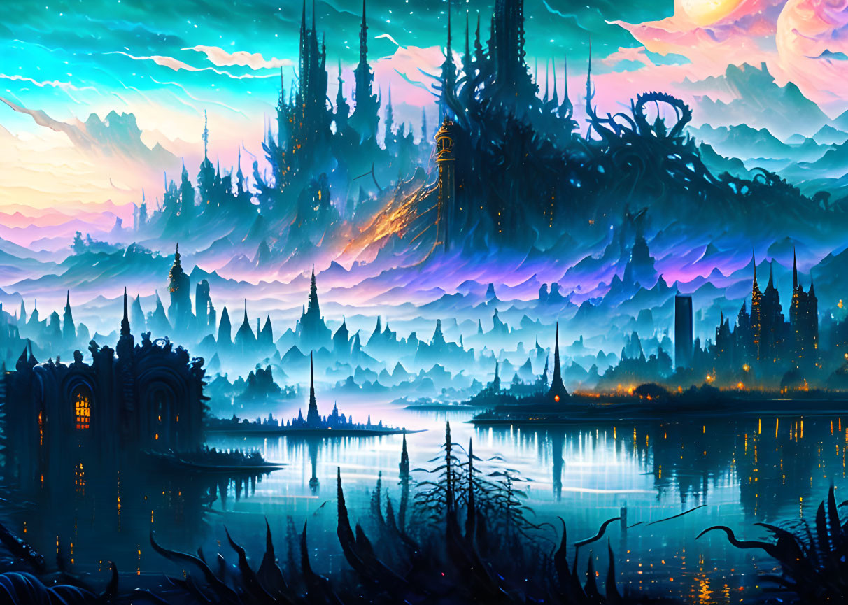 Ethereal landscape with spires, reflective lake, vibrant sky, multiple moons, dream-like ambiance