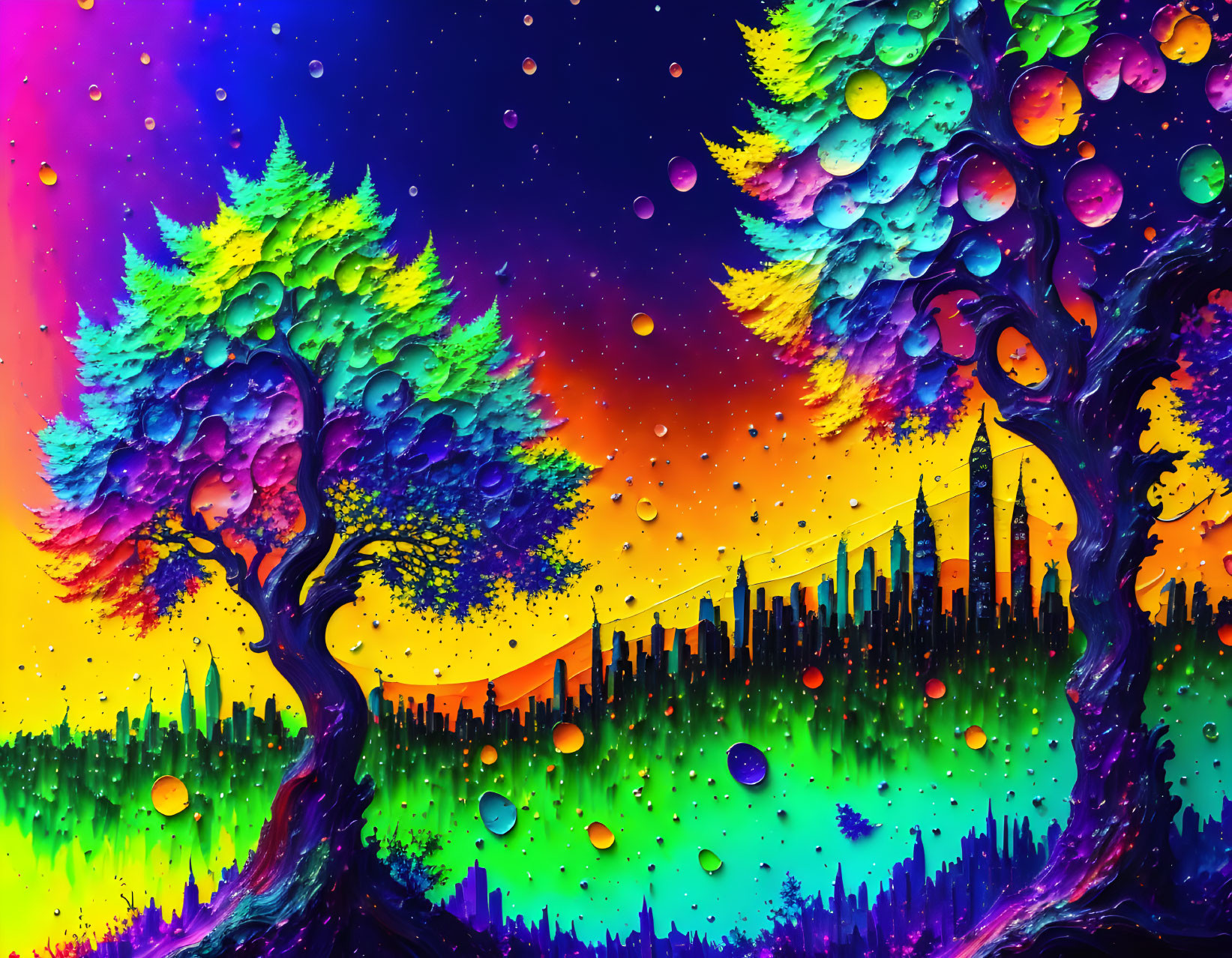 Colorful Psychedelic Artwork: Rainbow Trees, City Silhouette, Cosmic Orbs