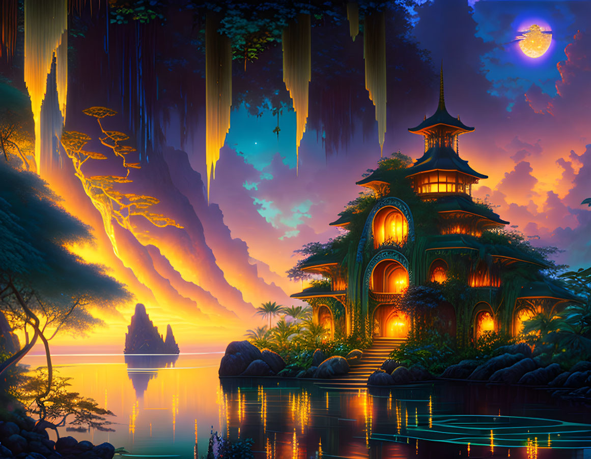 Fantastical glowing pagoda by tranquil lake and lush exotic foliage under twilight sky