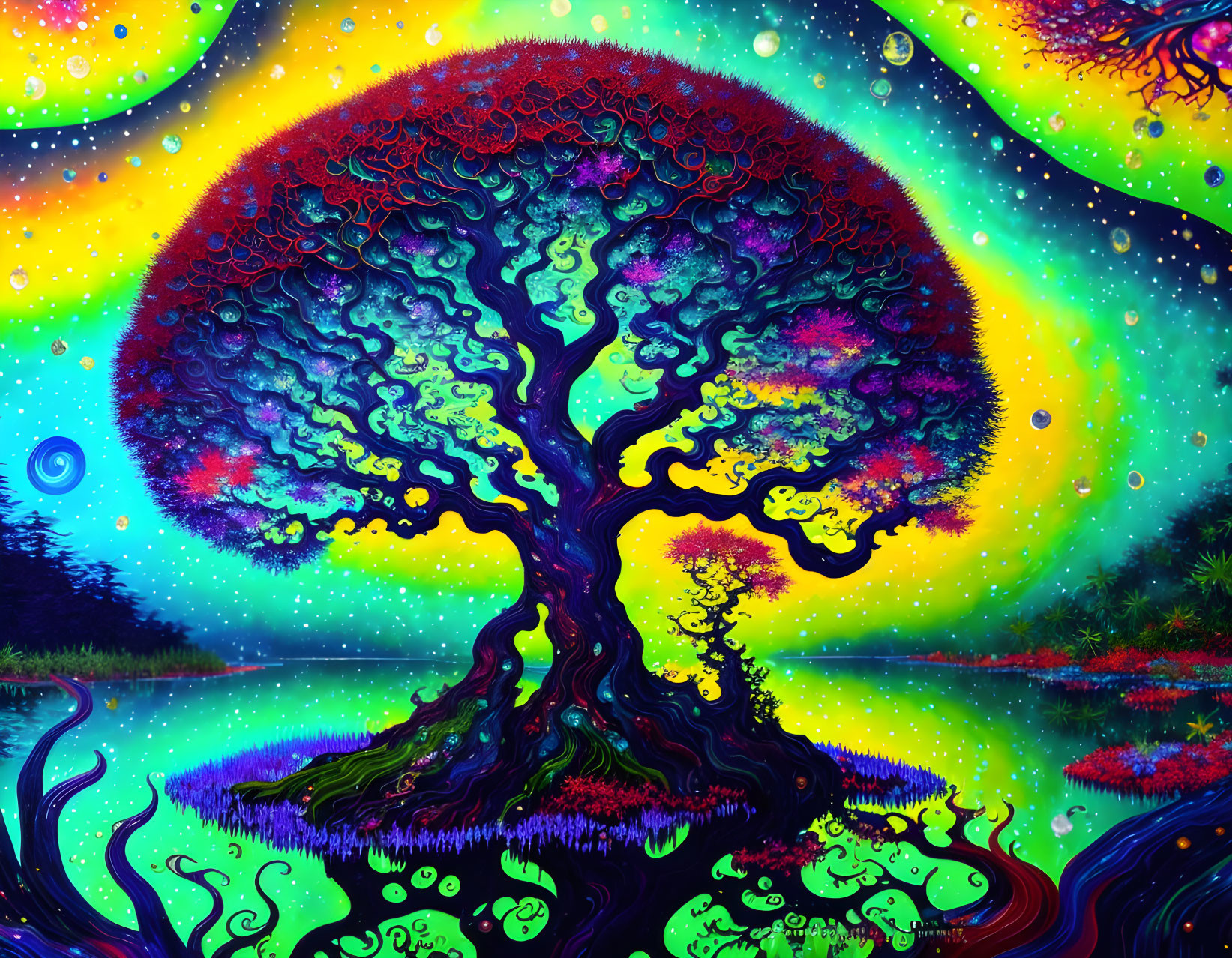 Colorful Psychedelic Tree Painting with Cosmic Background