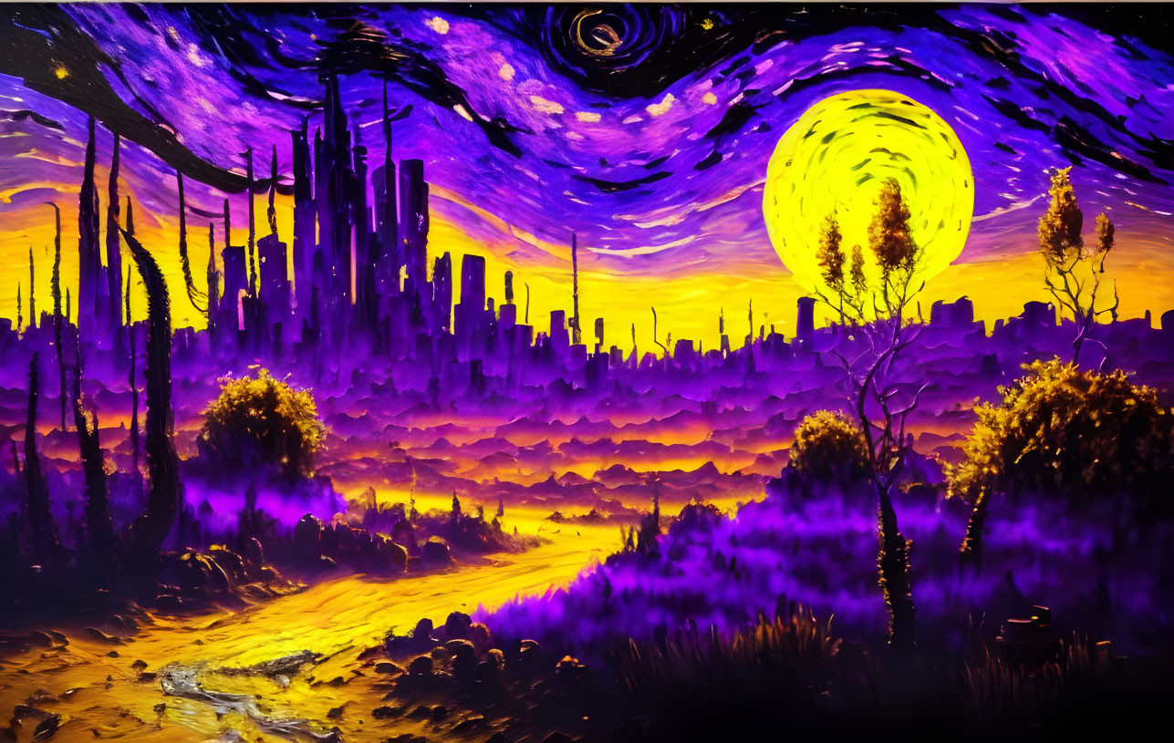 Surreal painting: swirling purple sky, yellow moon, silhouettes, dreamy purple landscape