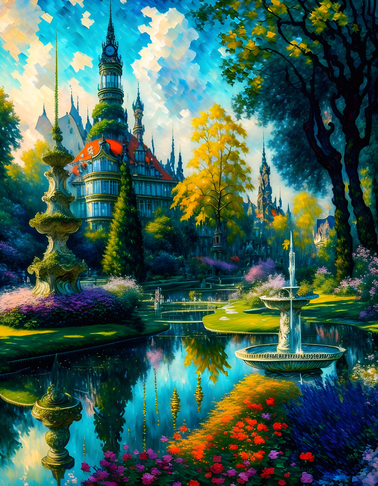 Whimsical garden with castle, fountain, and lush flora