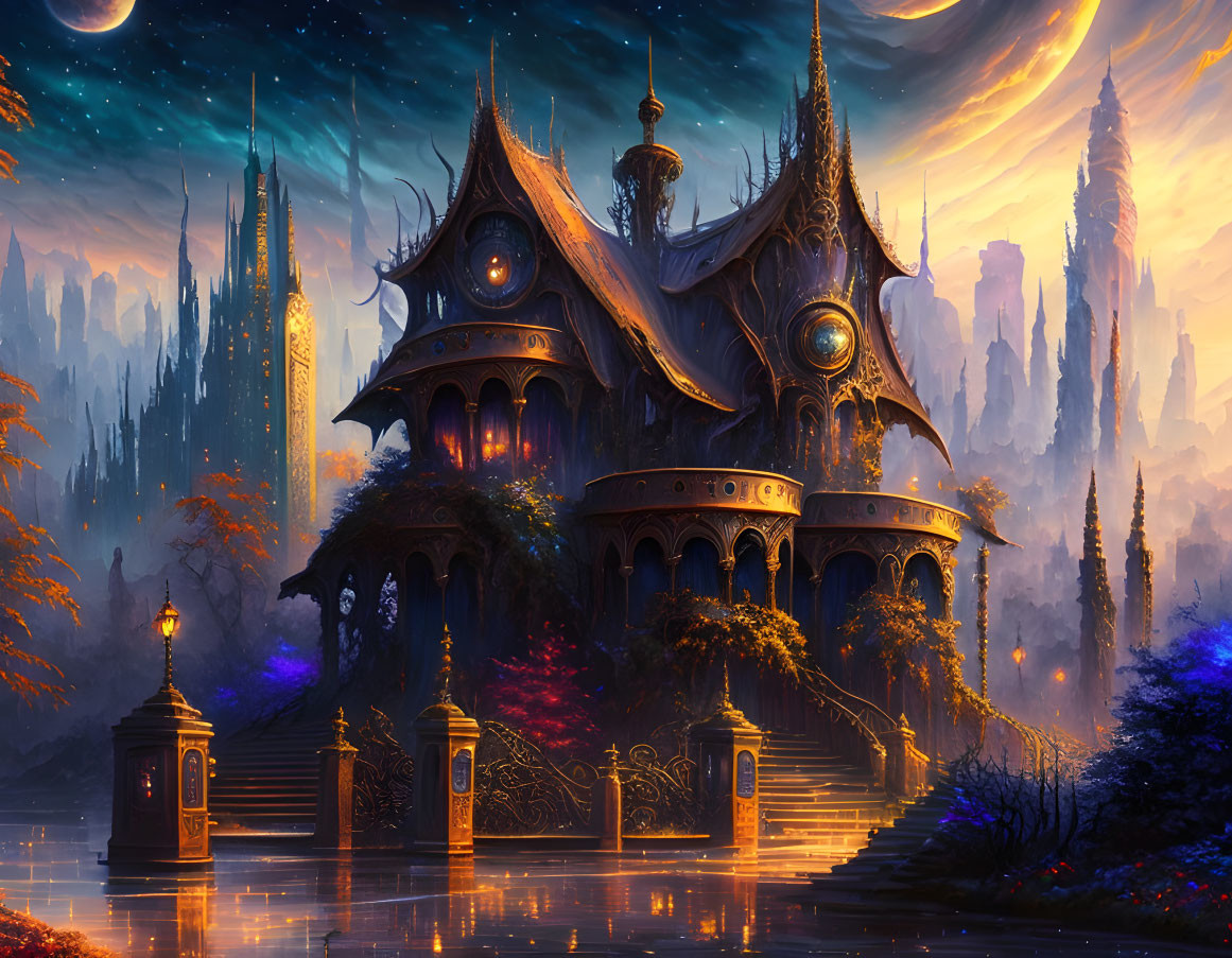 Fantastical castle with spires under starry sky and warm glow in mystical landscape