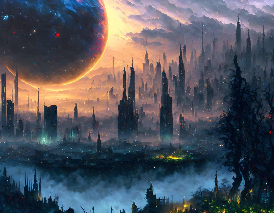 Futuristic cityscape with towering spires and giant planet in misty dusk