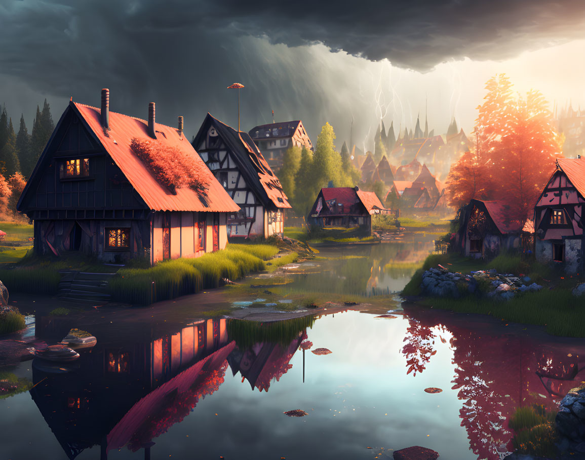 Picturesque village with half-timbered houses beside a serene river at sunset.