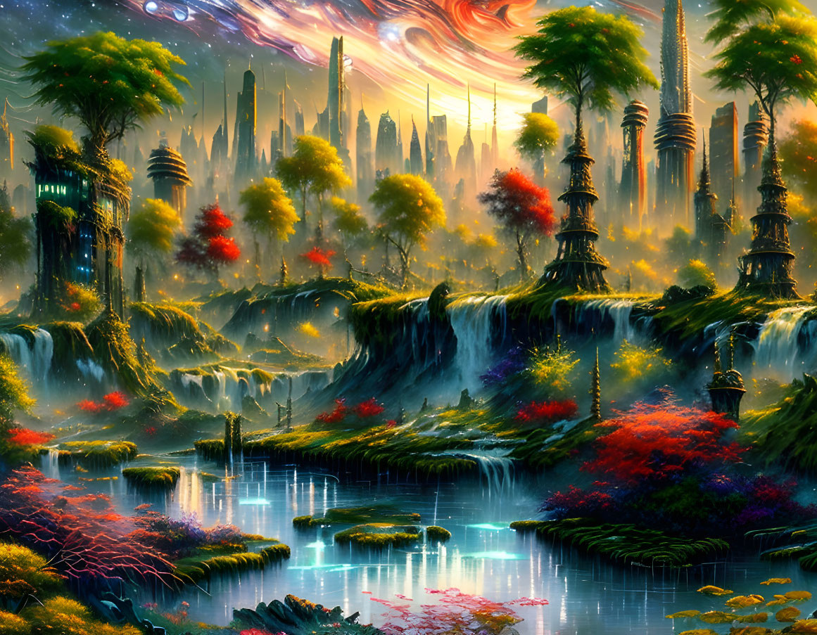 Colorful fantasy landscape with waterfalls, flora, and spires under swirling sky