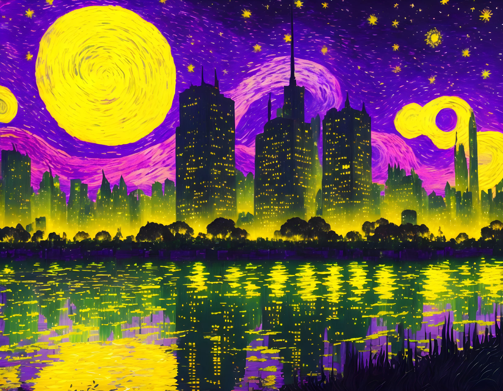 City skyline with skyscrapers in swirling yellow sky.