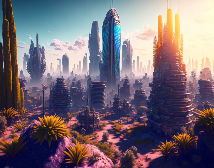 Futuristic cityscape with towering skyscrapers and lush vegetation