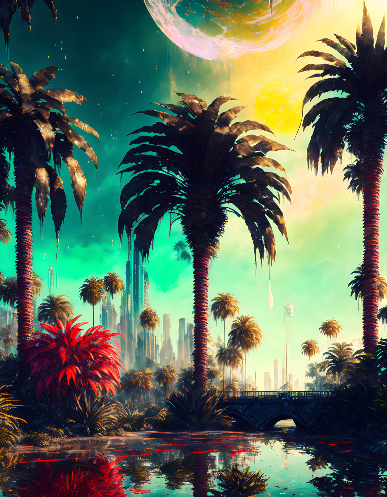 Futuristic sci-fi landscape with palm trees, bridge, city skyline, and two moons.