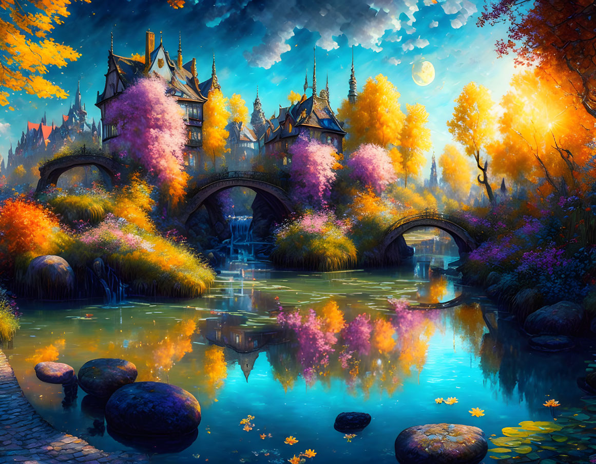 Fantasy landscape with castle, stone bridges, river, colorful foliage, moonlit sky