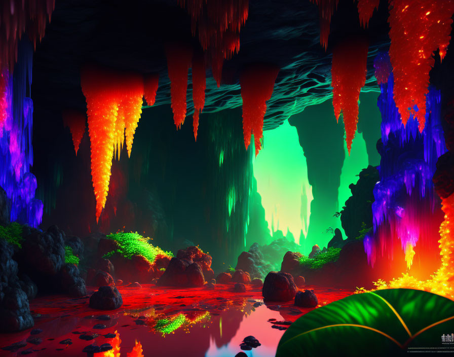 Colorful digital art of a glowing cave with luminescent formations