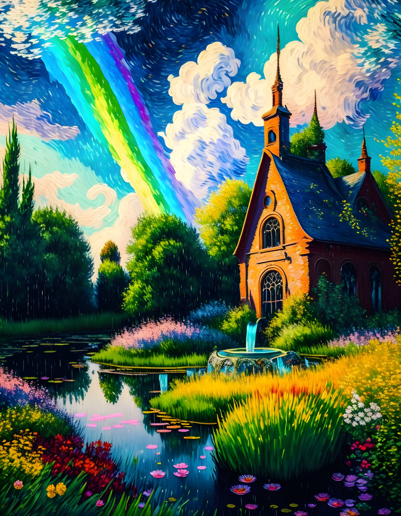 Colorful painting of chapel by pond with rainbow and flowers