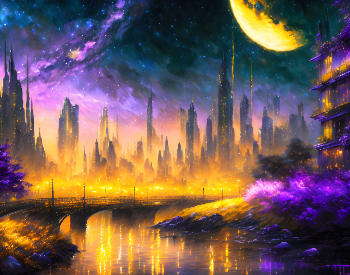 Fantastical cityscape under starry sky with towering spires and crescent moon.