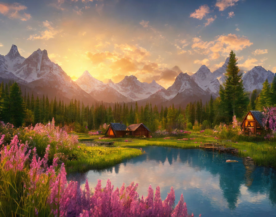 Mountain Range, Lake, Flowers, Cabins in Sunset Scene