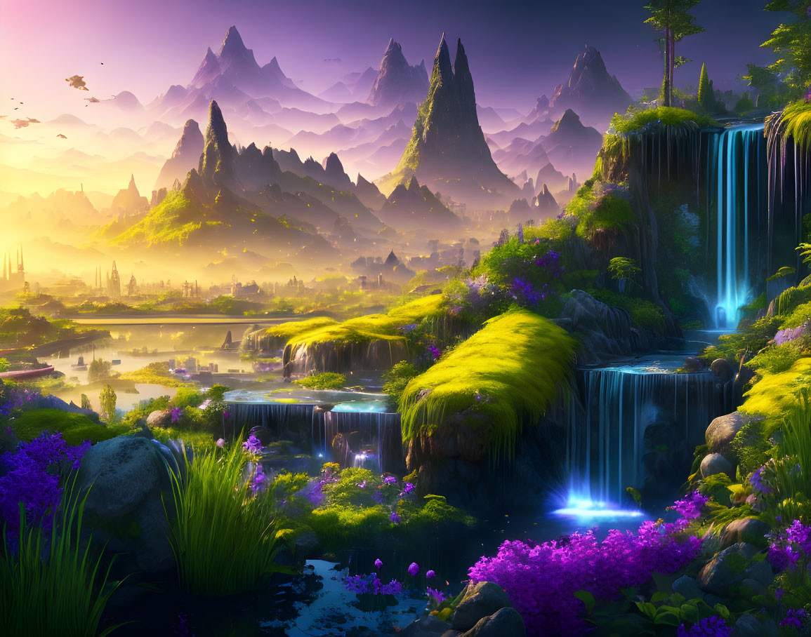 Fantasy landscape with waterfalls, meadows, flowers, and mountains