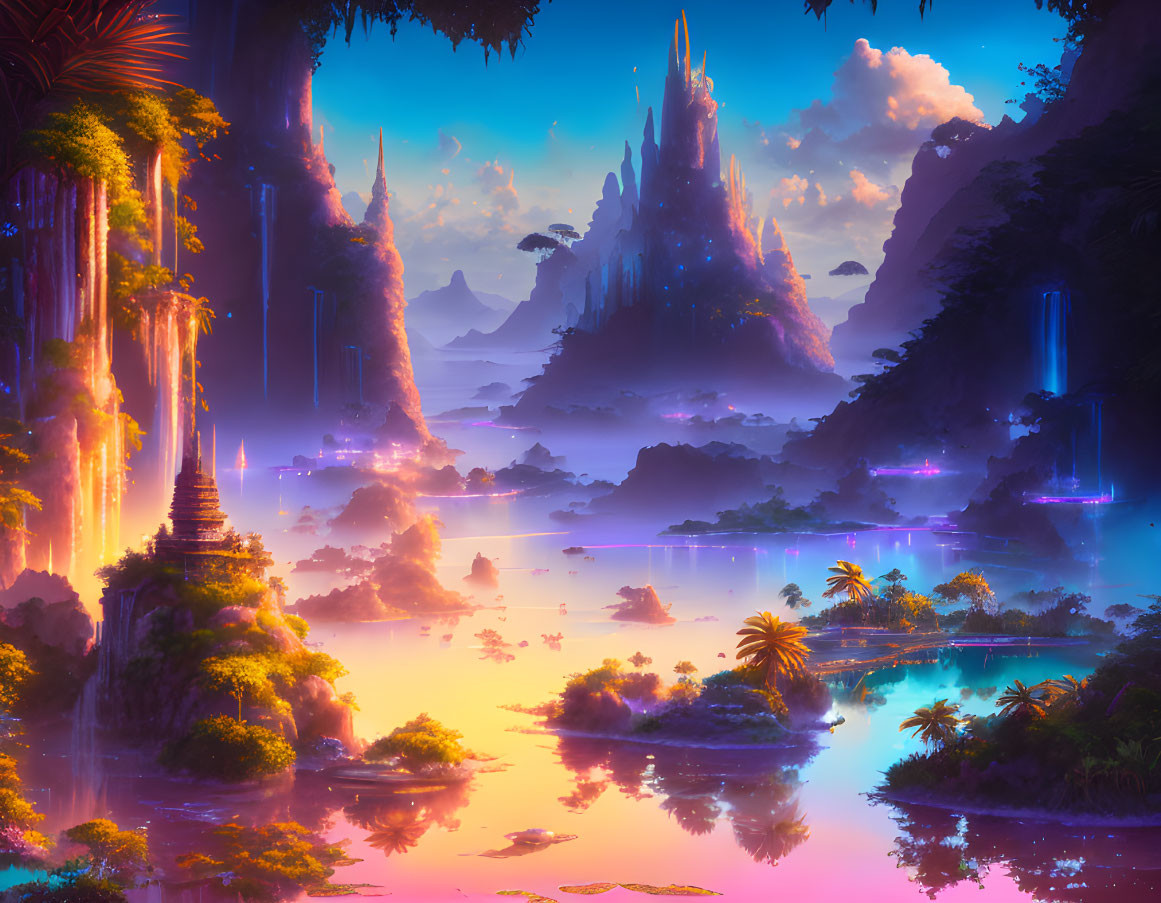 Fantasy landscape with luminescent flora, waterfalls, spires, and reflective water under purple